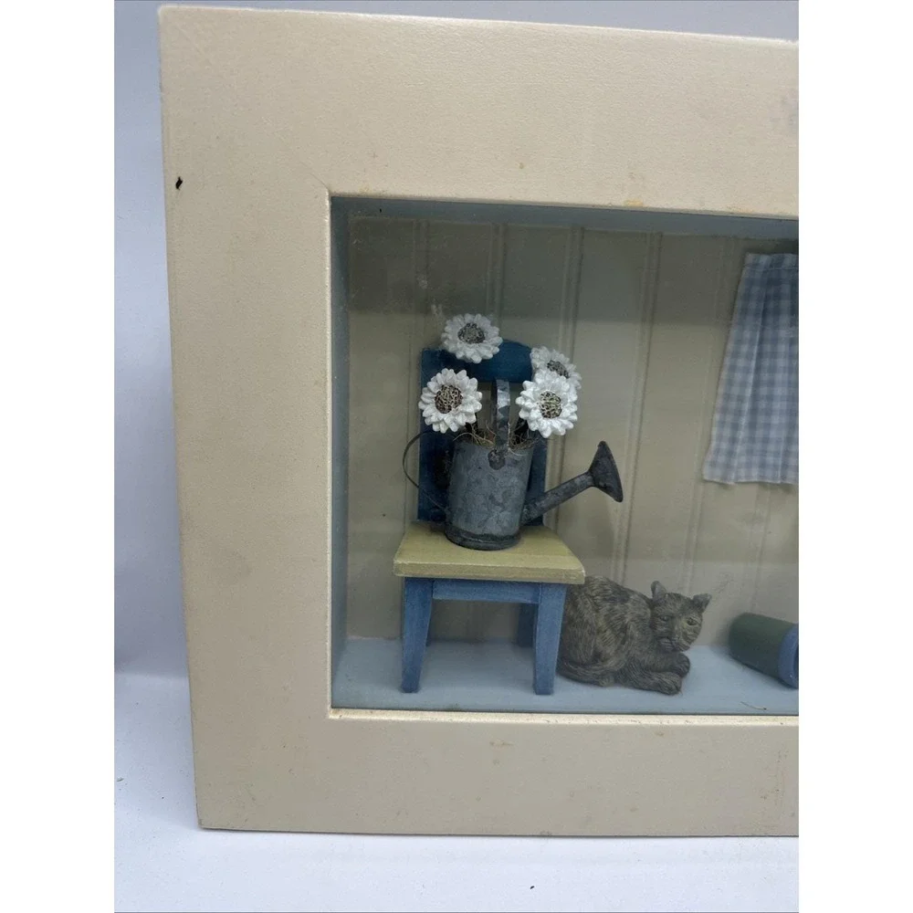 Wood And Glass Shadow Box Cozy Cat Table And Flowers 15-3/4